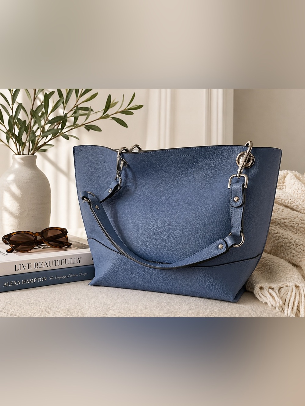 Calvin Klein Periwinkle Blue Pebbled Faux Leather Tote w/ Double Handles & Strap